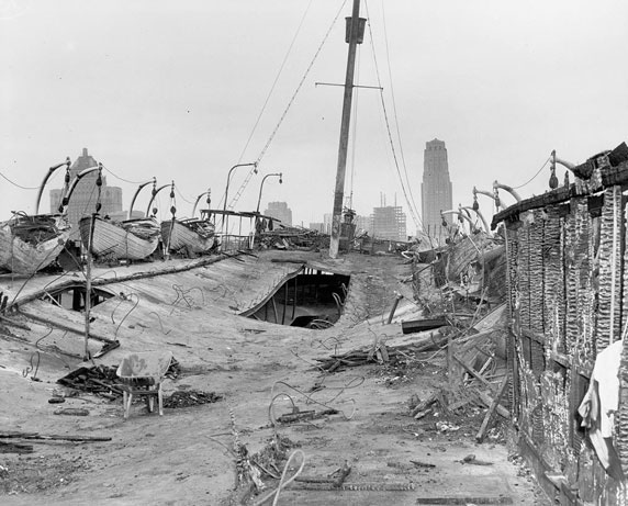 #147 The Royal York hotel and skyline from the gutted upper deck of the SS Noronic, 1940s
