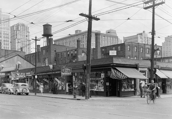 #118 South side of Queen Street W. at York. Now the site of the Sheraton Hotel, 1940s