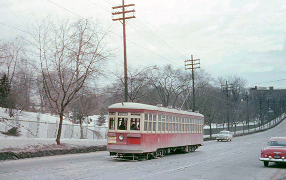 #171 A streetcar passes Mt. Pleasant Cemetery on Yonge St. pre-subway, 1950s