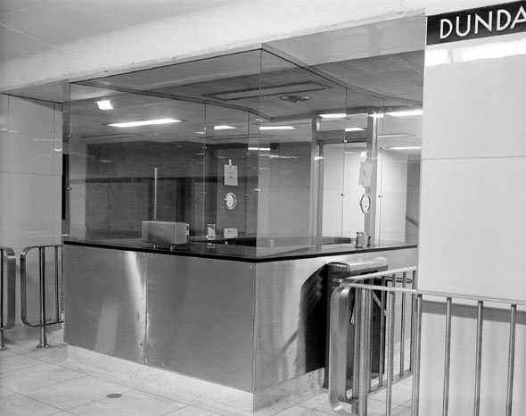 #149 A collection booth at Dundas Station, 1950s