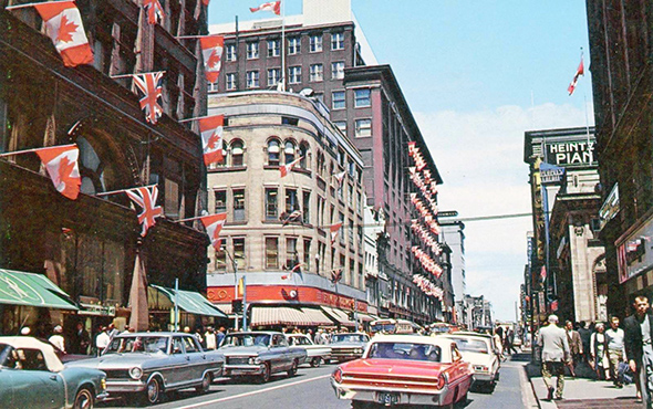 #65 Postcard view Looking up Yonge towards Queen St, 1966