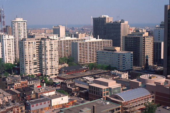 #32 Southeast to the Port Lands over the Yonge and College area. That’s the CBC’s old Jarvis St. antenna on the extreme left.1990s