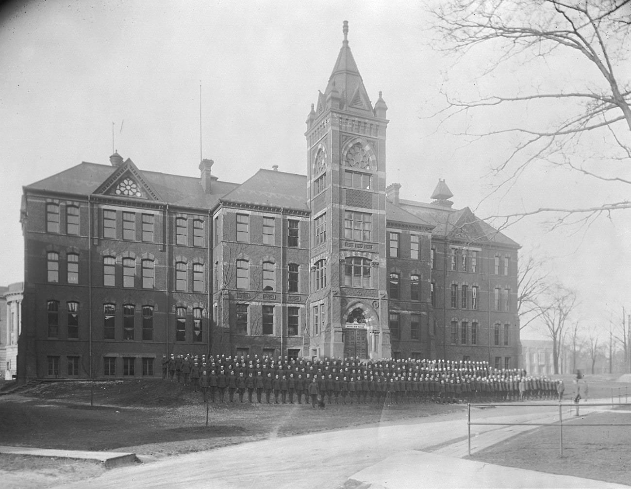 #67 Royal Flying Corps in front of the School of Practical Science (Engineering Building) at UofT, 1917.