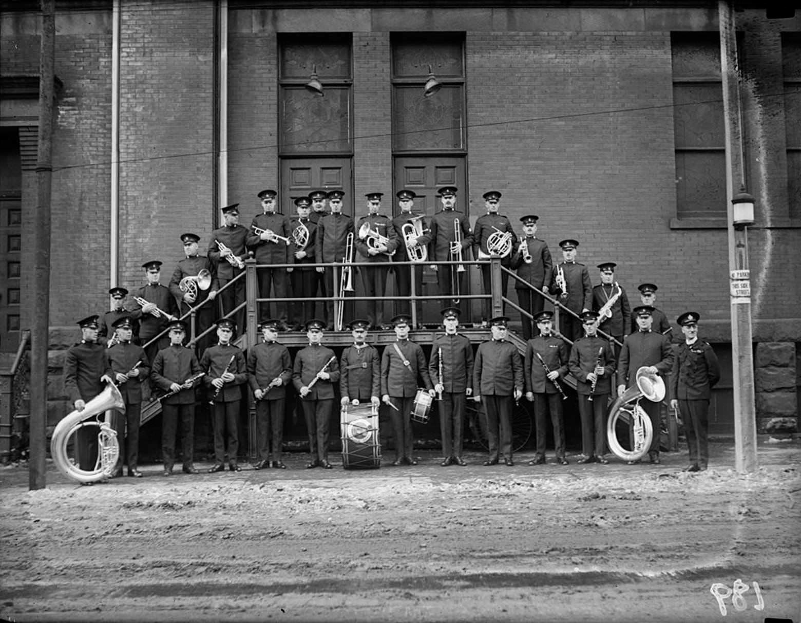#85 Toronto Police Band outside Massey Hall, Feb. 2, 1923.