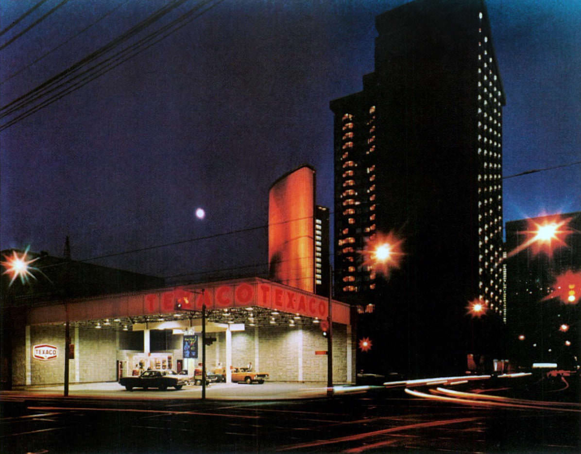 #124 Texaco station, 1970s. Toronto city hall in the background.