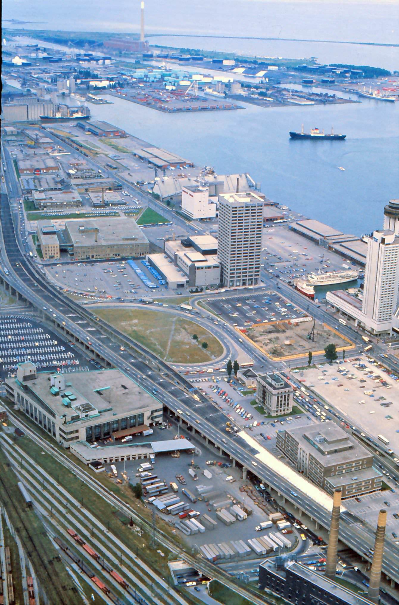 #135 CN Tower view of the harbor front and docklands, late 1970s.