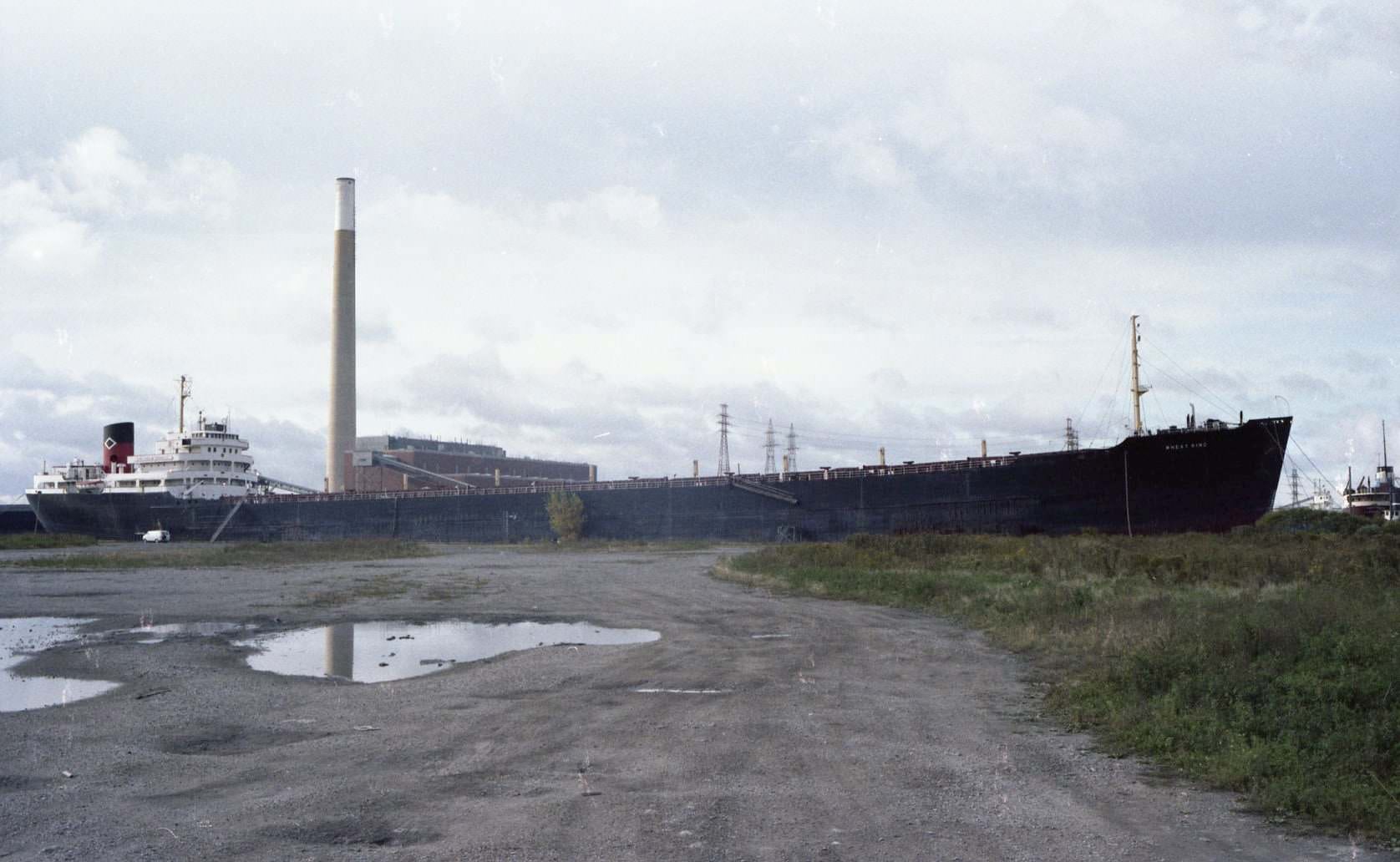 #53 Looking southwest to the ‘Wheat King’ moored in the portlands; the Hearn generating station in the distance, 1981.