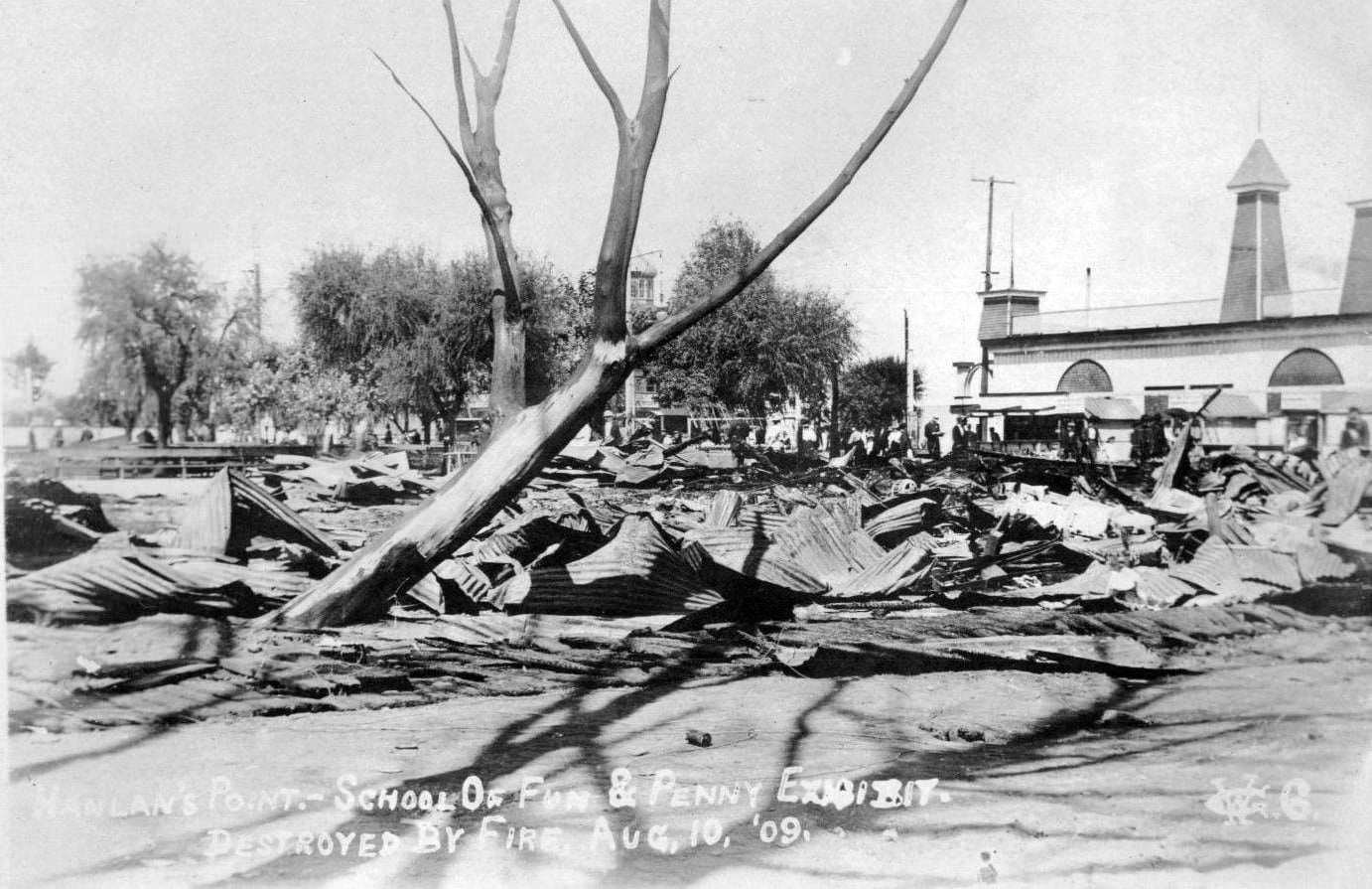 #54 School of Fun and Penny Exhibit destroyed by fire at Hanlan’s Point, Toronto Islands, Aug 10, 1909