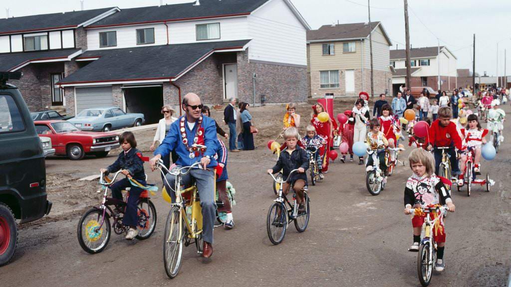 #163 Scarborough Mayor Paul Cosgrove in bike parade, Malvern, 1976