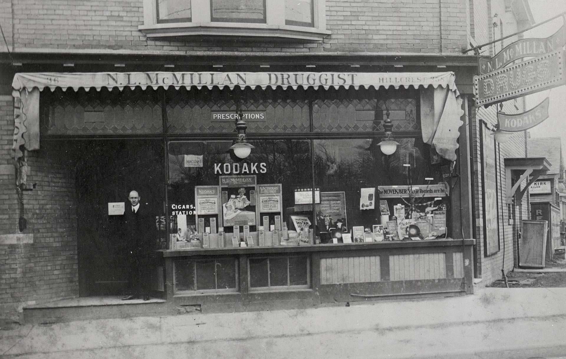 #100 McMillan, Neil Lamont, drug store, 1920. Located on the south west corner of Vaughan Rd., & Ellsworth Ave. intersection (36-38 Vaughan Rd.)