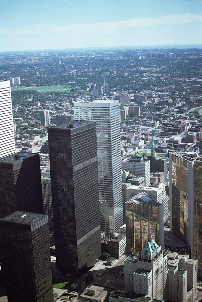 #9 TD Centre, Commerce Court, Royal York Hotel, etc., view looking north east from C.N. Tower, Aug. 1976.