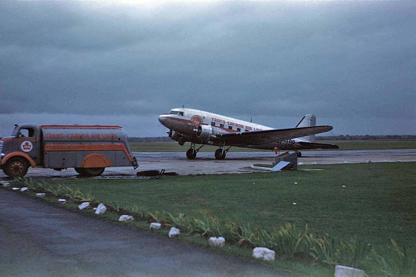 #96 Trans Canada Airlines DC-3 passenger plane revs its engines at Malton Airport, Sept, 1946.