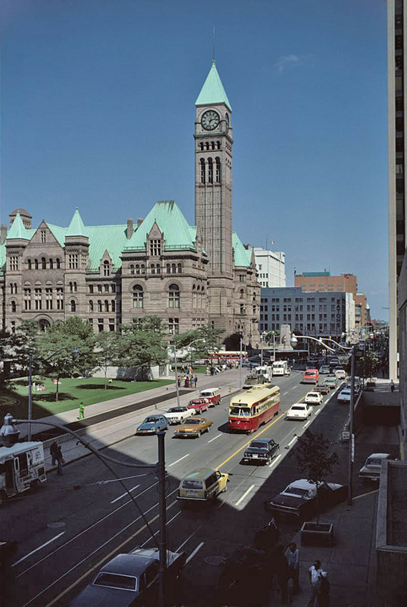 #1 Looking east to Old City Hall along Queen St. W., Sept. 1975.