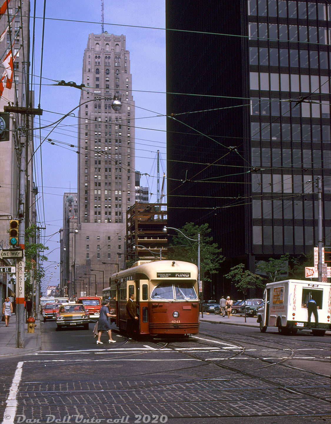 #2 TTC PCC streetcar 4741 (acquired secondhand by Toronto, originally build for Birmingham Alabama) stops at the corner of King & York to pickup westbound passengers in June 1970.