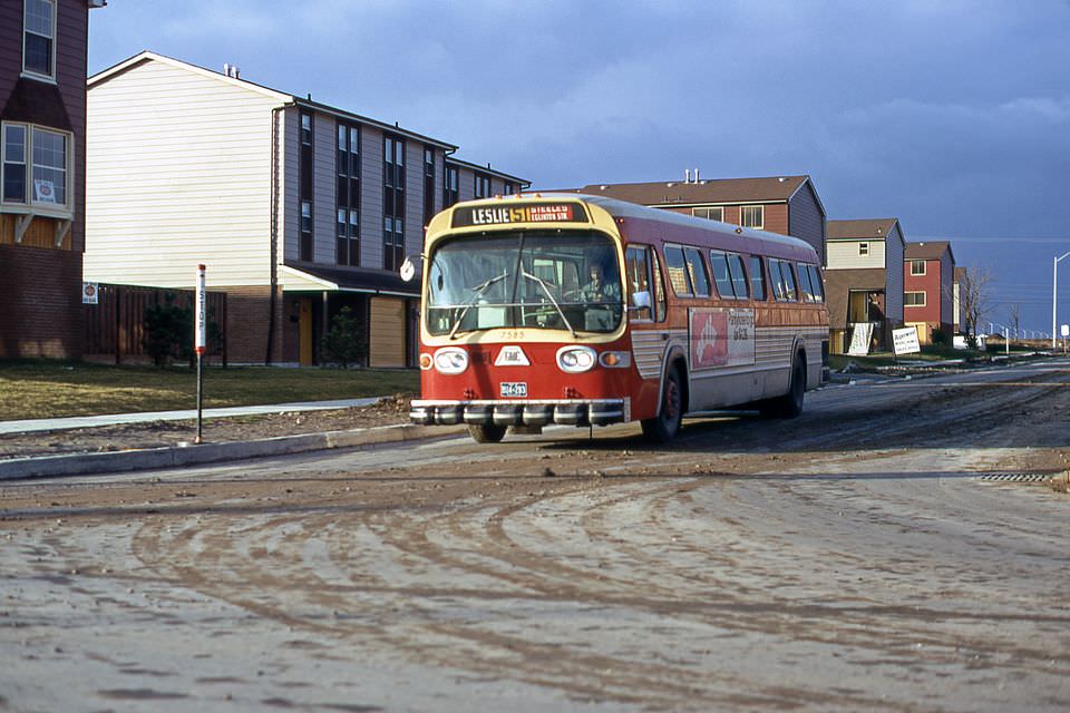 #77 Leslie bus at freshmeadow st. Near don mills and steeles, 1973