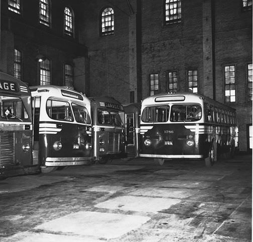 #111 TTC Prevost buses. Parked inside Young peoples Theatre when TTC owned the bldg., 1954