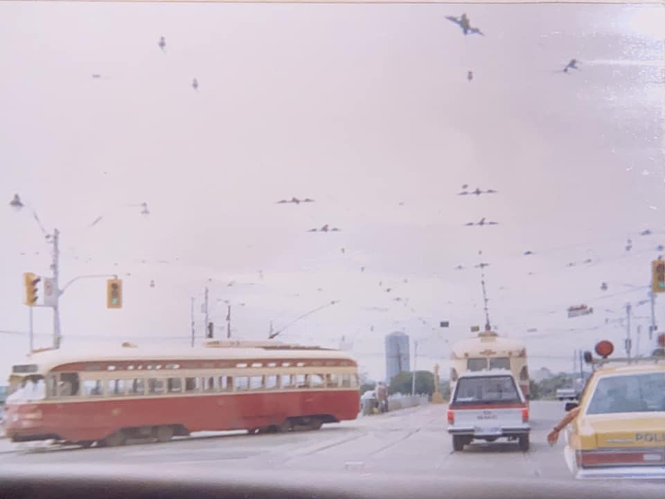 #107 PCC streetcar at Queen and Roncesvalles, 1987