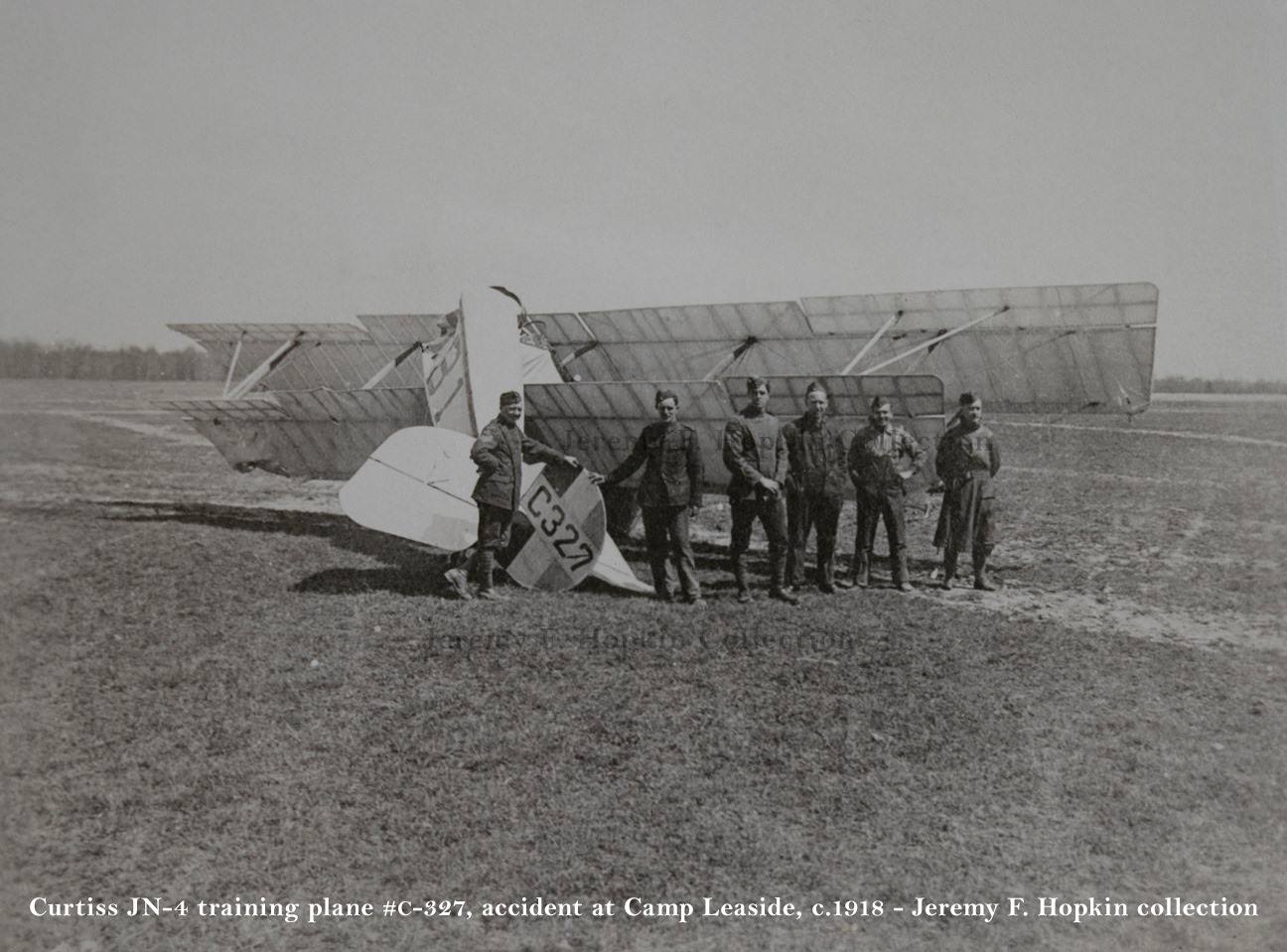 #80 R.A.F. (Canada) training plane C327, its tail broken during an accident at Camp Leaside, 1918. The camp was located at Laird Drive & Wicksteed Ave., within today’s Leaside neighborhood in Toronto.