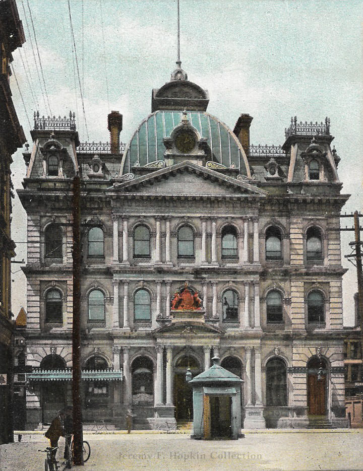 #81 Post Office (1873-1960), Adelaide Street. E., north side, opposite the head of Toronto Street. Post card by W.G. MacFarlane, 1900s.