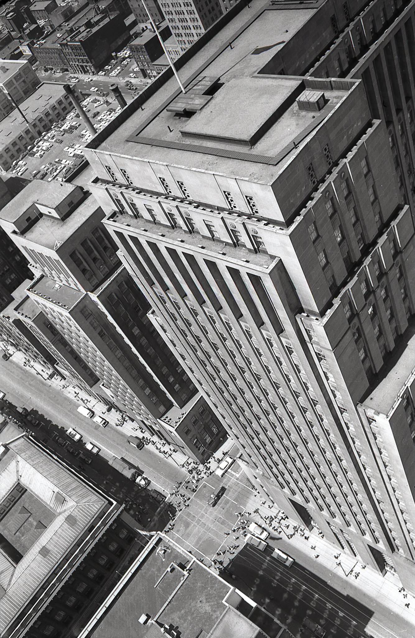 #77 An interesting view of King & Bay, looking down from the top of the Canadian Bank of Commerce building, 1970s