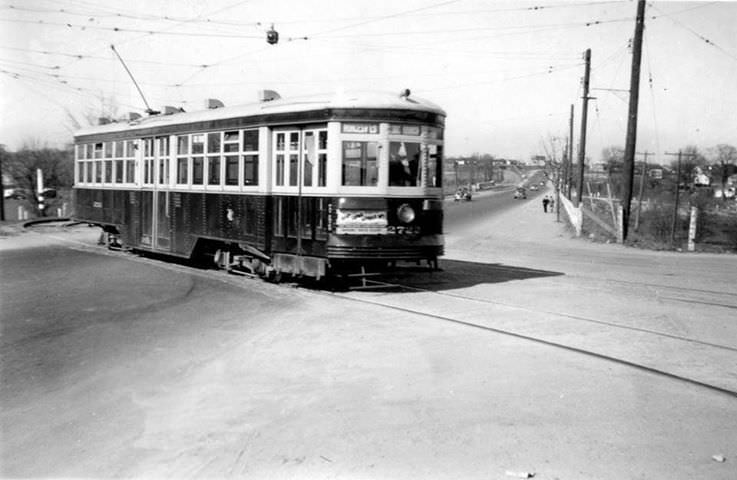 #109 TTC streetcar going into wartime Small arms loop, 1945