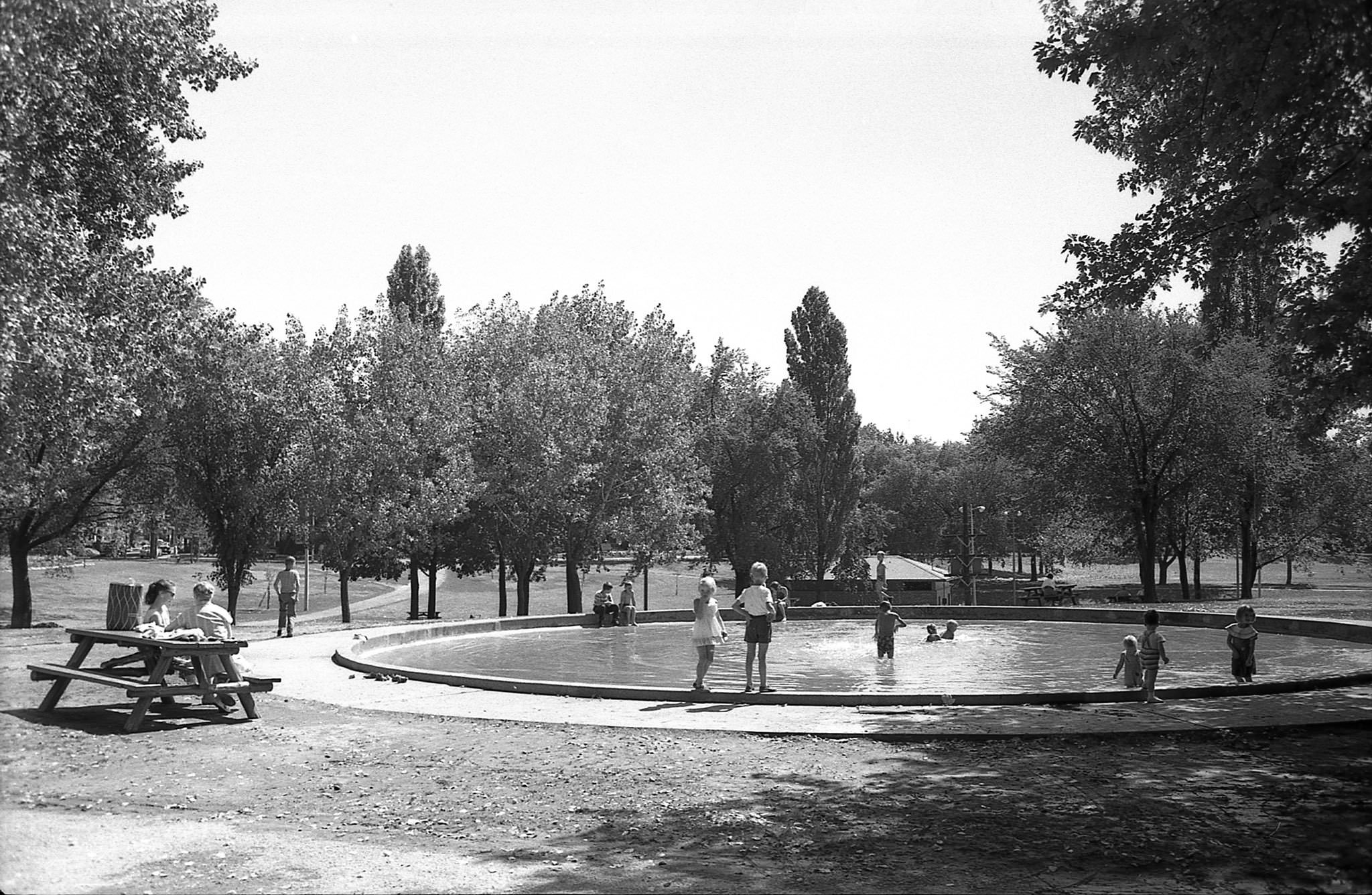 #7 Withrow Park, looking east (ESE) across the park from the wading pool toward the outdoor rink, 1960s