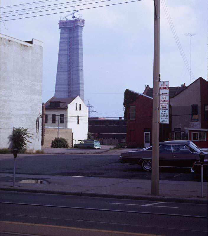 #91 CN Tower – construction view from King West and Widmer, view looks south past houses on Mercer St., 1974