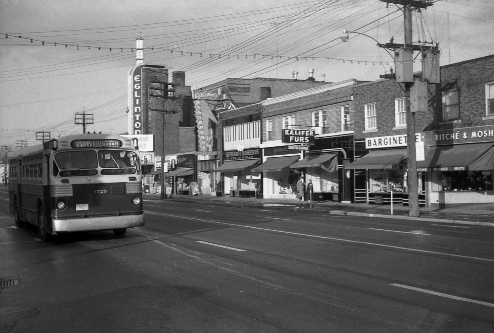 #72 TTC bus 1729 heading east along Eglinton Avenue West in 1964, approaching Avenue Road.