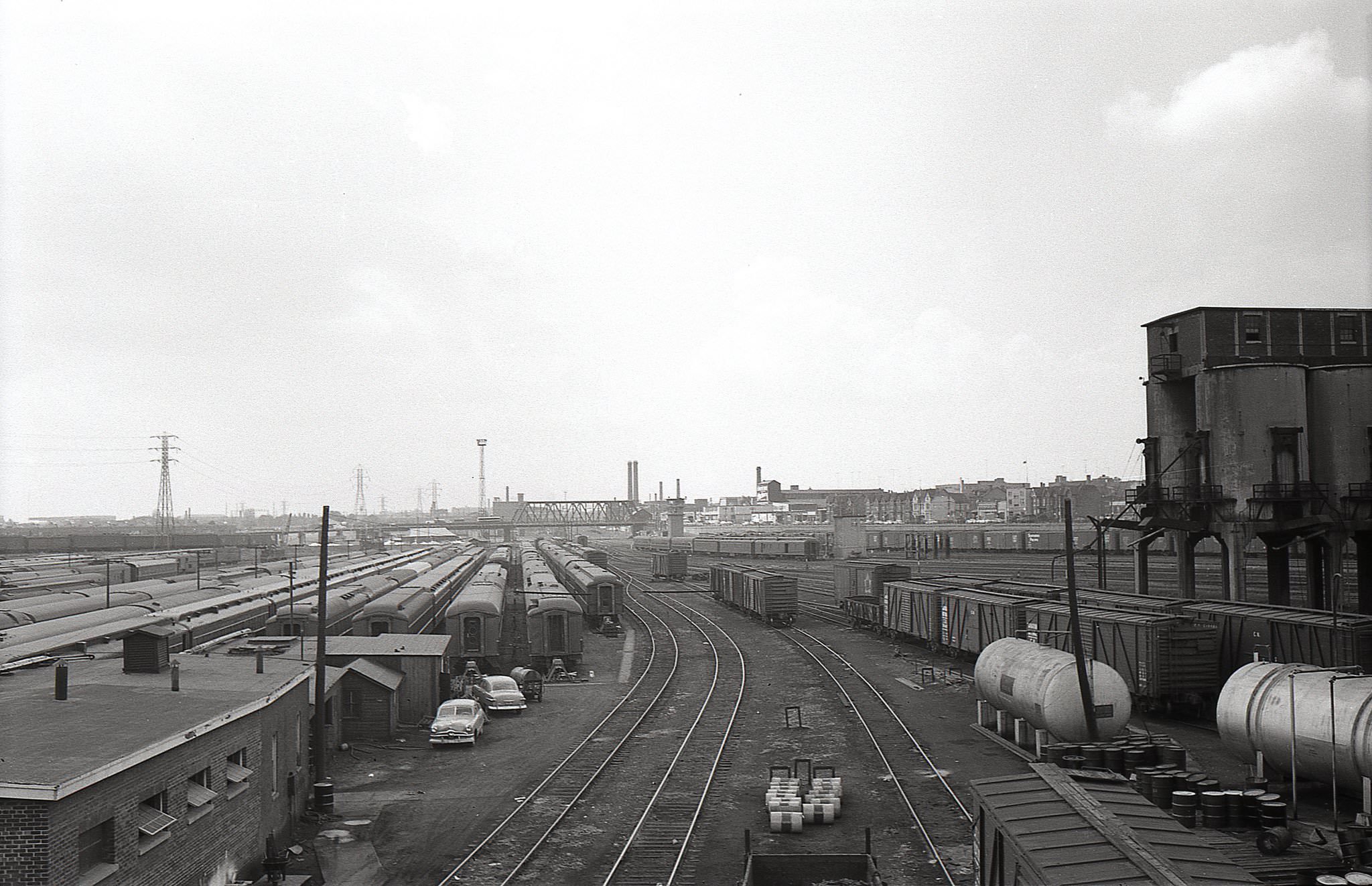 #16 Looking west from the Spadina Ave. bridge along tracks leading to the Spadina Roundhouse (to the east), 1960s.