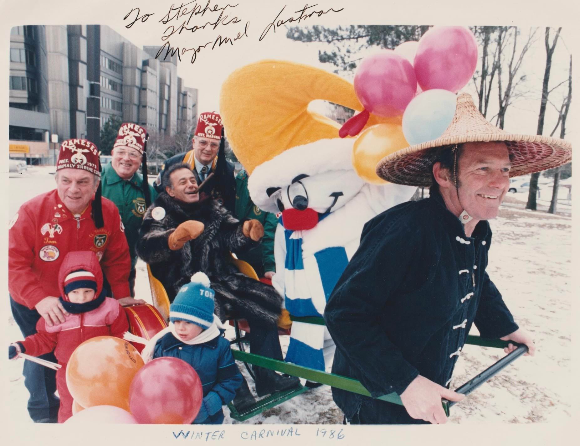 #27 Goodbye Mayor Mel . North York Winter Carnival. Mel, Nork, Shriners, a rickshaw, 1986