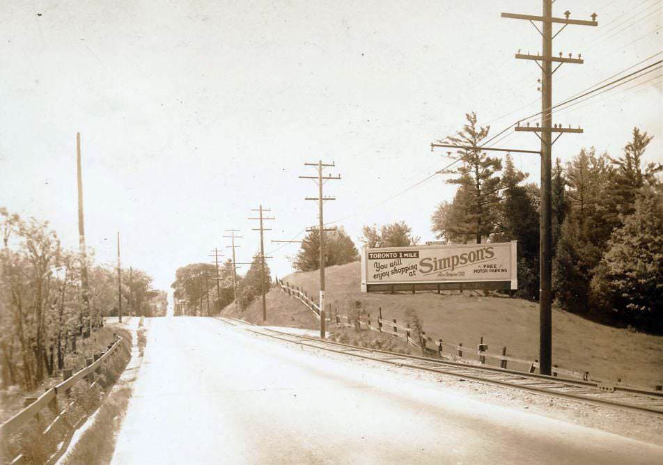 #21 Stop 3 is listed as Sweeney’s Side Road. This view is looking south on Yonge St. from approximately the south side of the 401 down into Hogg’s Hollow, 1920s