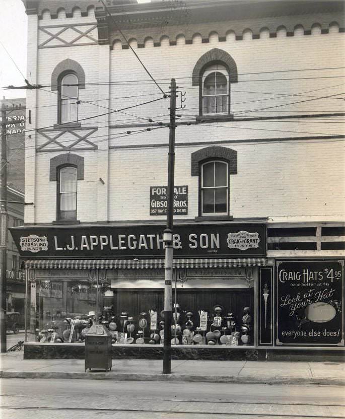 #42 L.J. Applegath & Son Limited. A storefront with signage advertising Craig Hats, 22-24 Queen Street East, at Victoria Street, north-west corner, 1920s