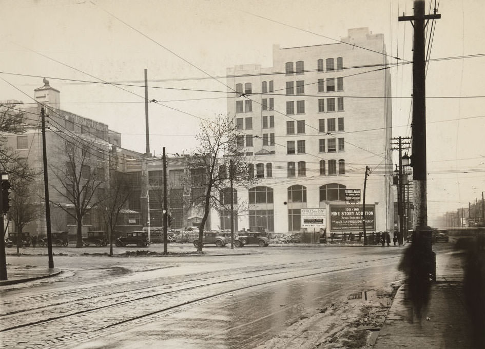#46 Dundas Street West and University Avenue, site for a new nine-story addition to the Maclean-Hunter Building. View is looking north-east across University Avenue, 1926