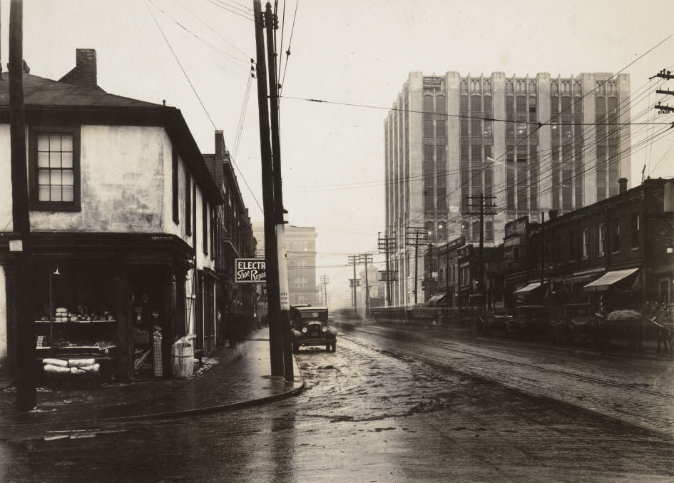 #47 Dundas Street West & Chestnut Street. View is looking west, towards the Maclean-Hunter Building, 1929