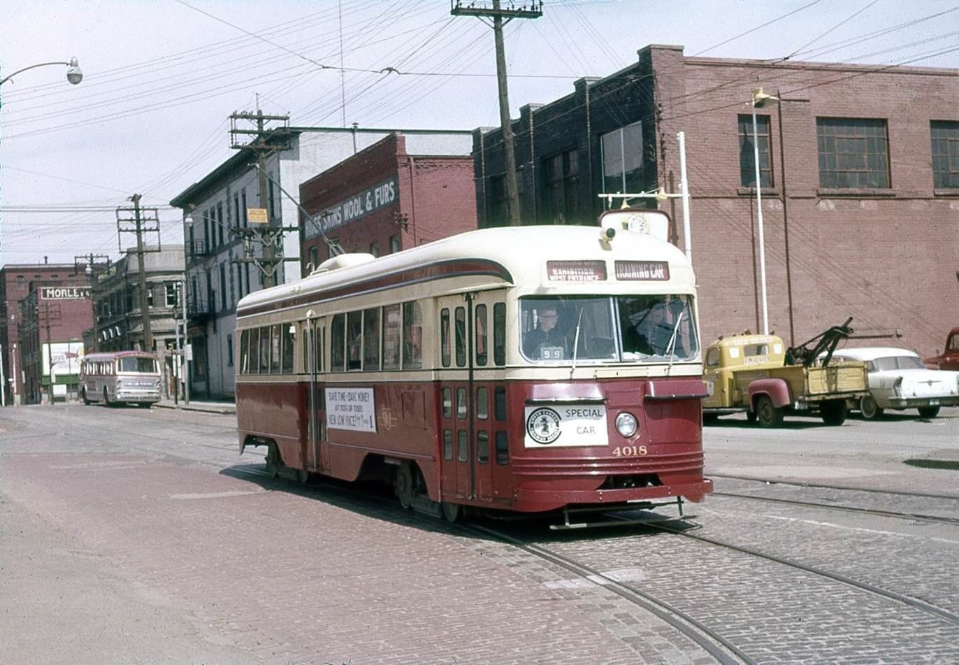 #33 TTC Special Car on Sherbourne Street, view is looking north to King Street, 1961.