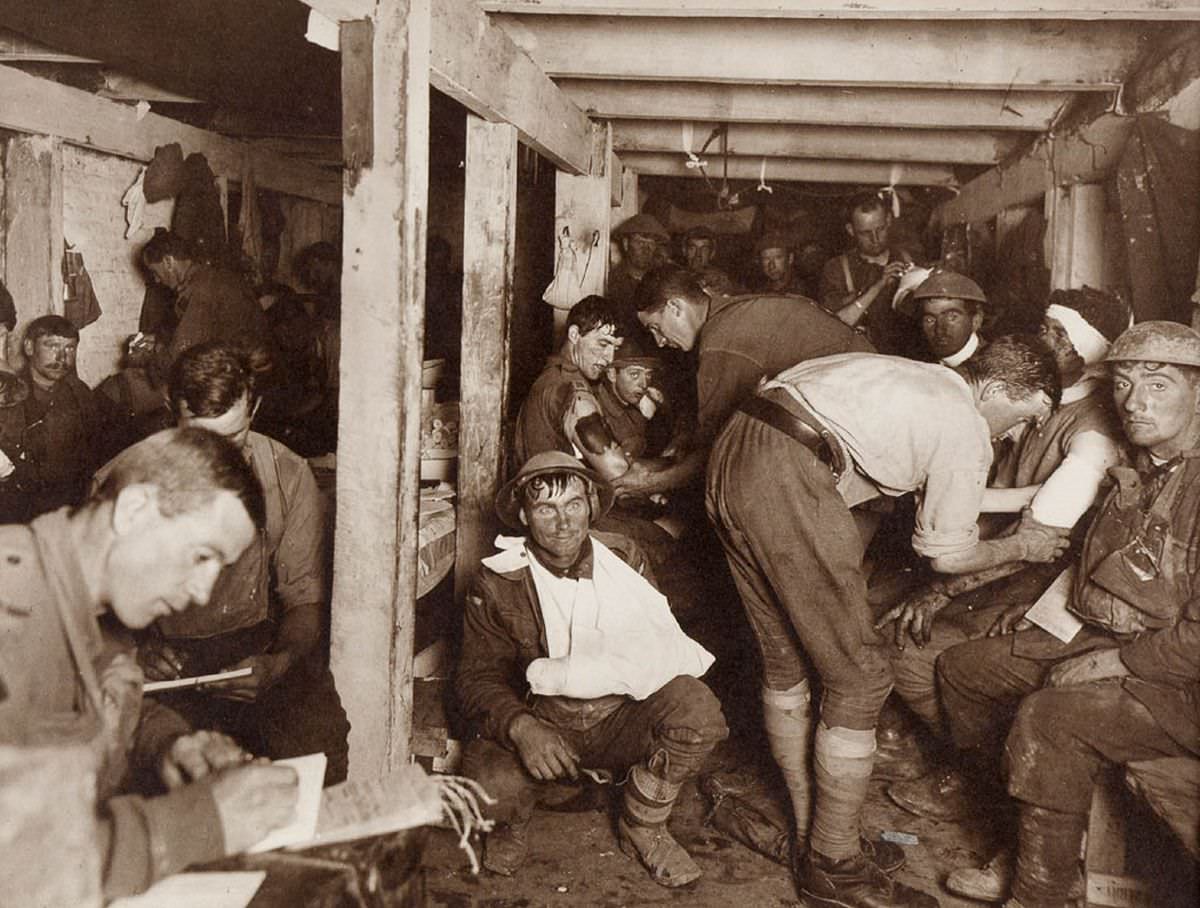 Scene in an advanced dressing station during a battle.