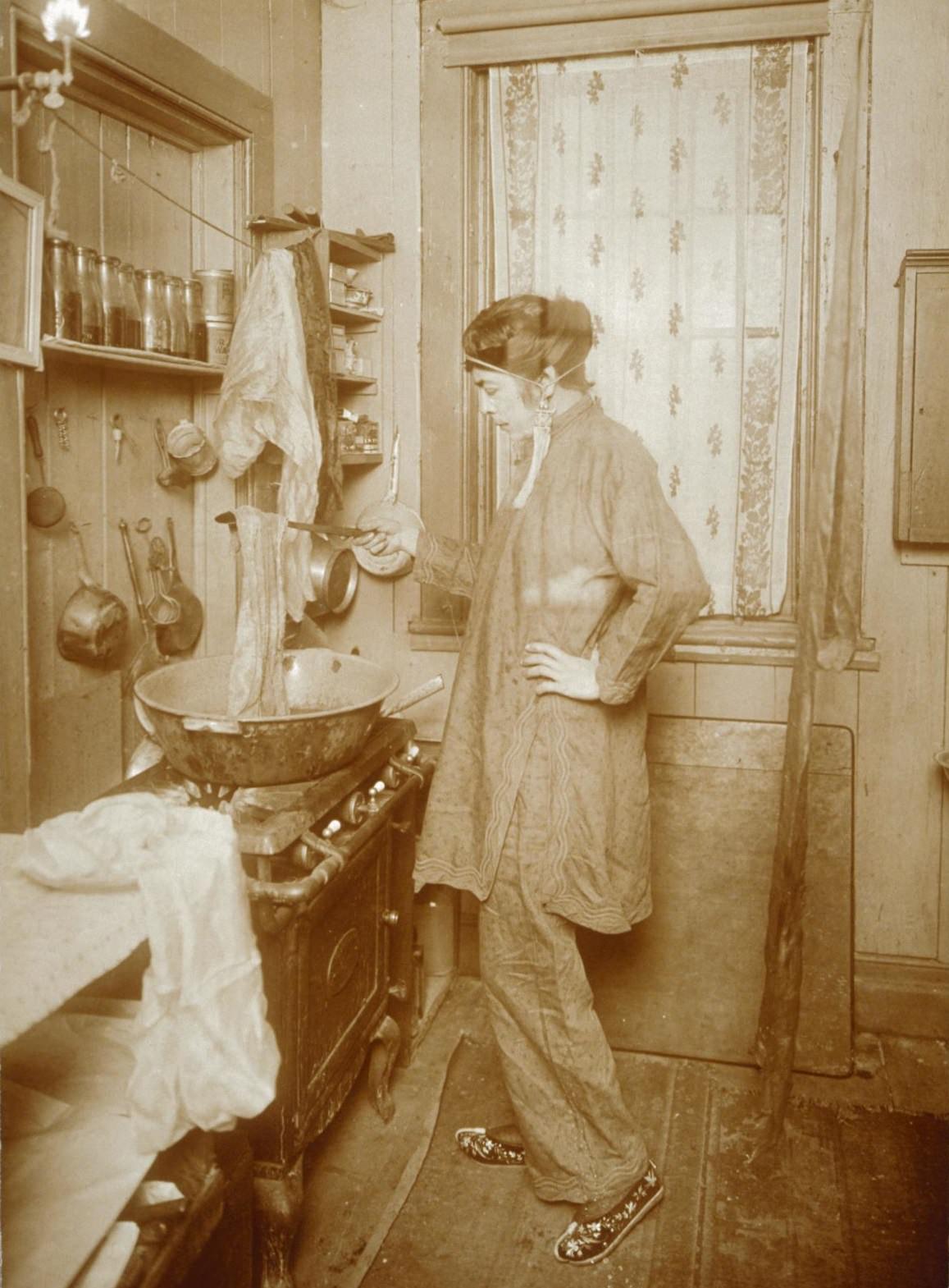 #4 Allison at her kitchen stove, dying scarves, 1920