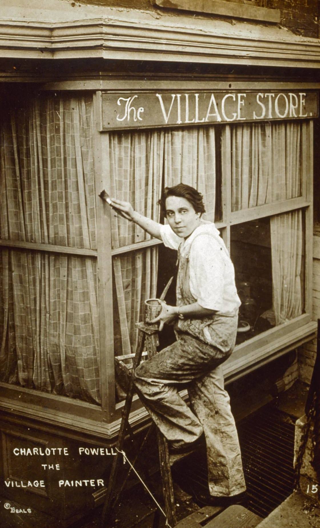 #5 Portrait of Charlotte Powell standing on a ladder and painting the exterior of The Village Store, Sheridan Square, 1926