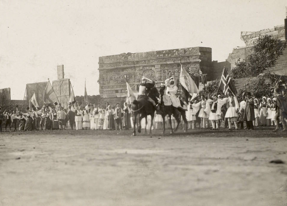 #102 The second scene of the allegorical Masque, Pageant and Masque of St. Louis, opens with the coming of the Pioneers, who call on an adult St. Louis, to lead them against the earth forces, led by Gold.