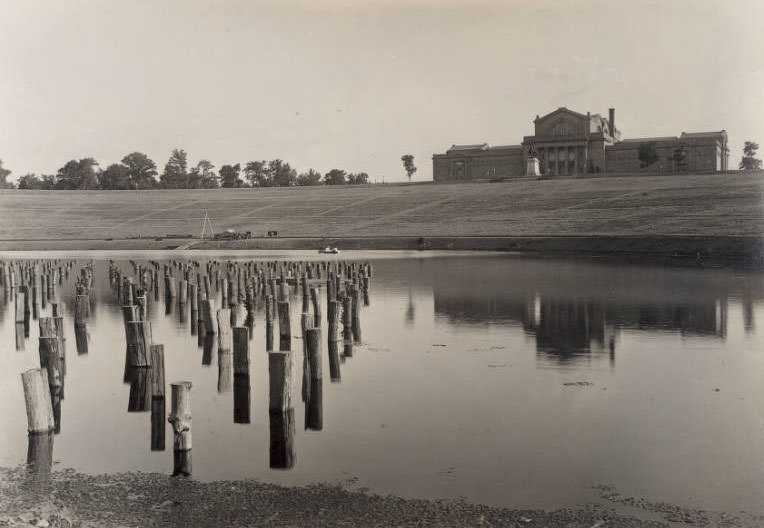 #118 Wooden piers placed in the Grand Basin, Forest Park, for construction of the stage for the Pageant and Masque of St. Louis, 1914