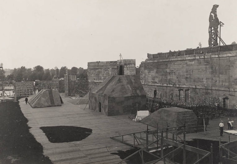 #119 Workmen put finishing touches on the stage of the Pageant and Masque of St. Louis, 1914
