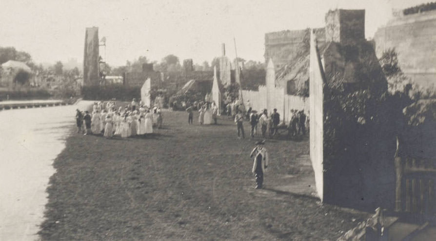 #25 In a side view of the stage of the Pageant and Masque of St. Louis, actors perform a scene in the Pageant of St. Louis, 1914