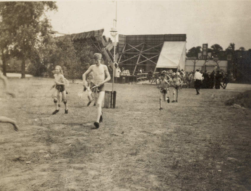 #42 Boys portraying Maya dancers in the Masque, exercise outside of the stage in Forest Park, 1914