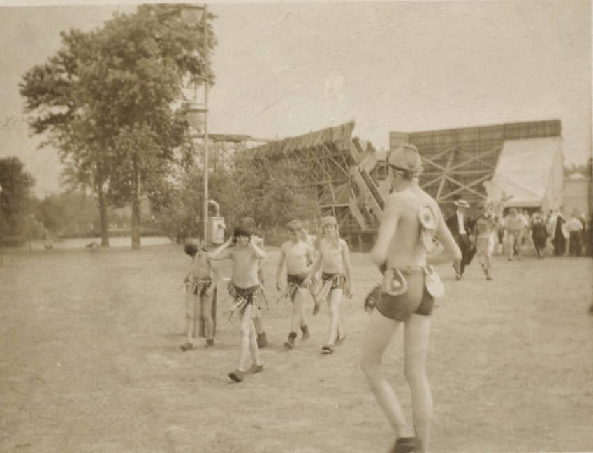 #43 Boys who perform as Maya youths coming off the stage of the Masque, 1914