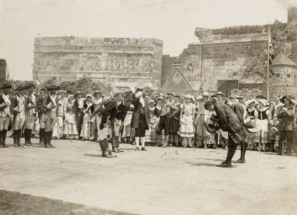 #45 Captain Amos Stoddard and Governor Charles Dehault Delassus greet each other before the transfer of Louisiana to the United States, Pageant, 1914