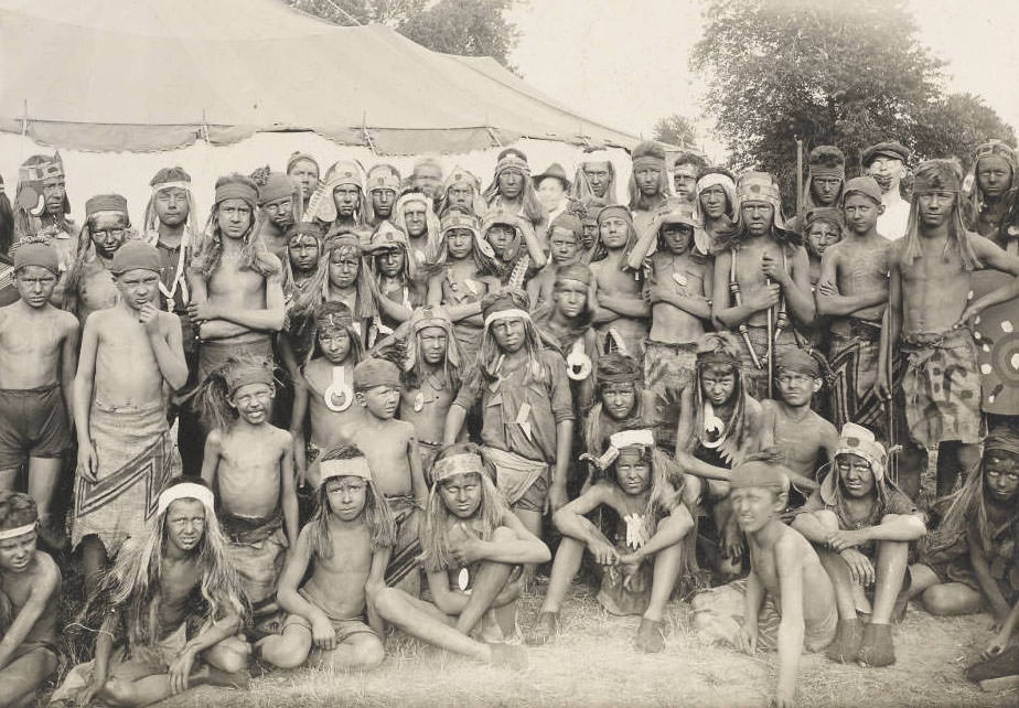 #66 Group photograph of actors portraying American Indians in the Pageant, 1914