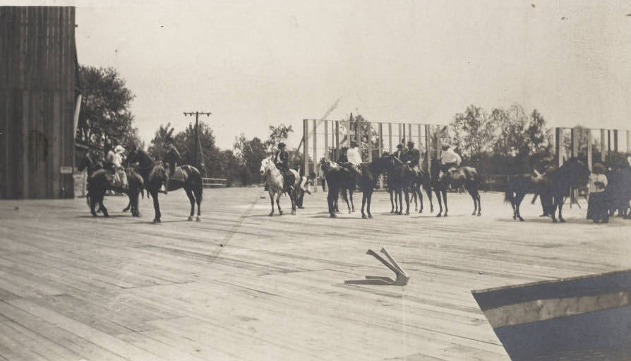 #90 Riders bring horses on stage for the Pageant and Masque of St. Louis, 1914