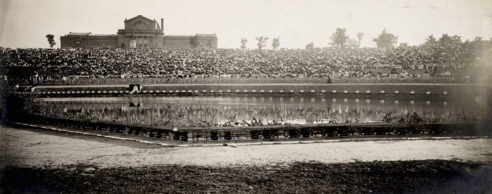#99 A view of the audience for the Pageant and Masque of St. Louis seen from the stage in Forest Park, St. Louis, Missouri.