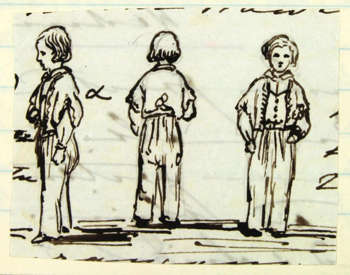 #10 Tuesday 9th November 1847 Three sketches of Albert Edward, Prince of Wales, in jacket and trousers- profile; back view; front view- pen and ink sketches by Queen Victoria