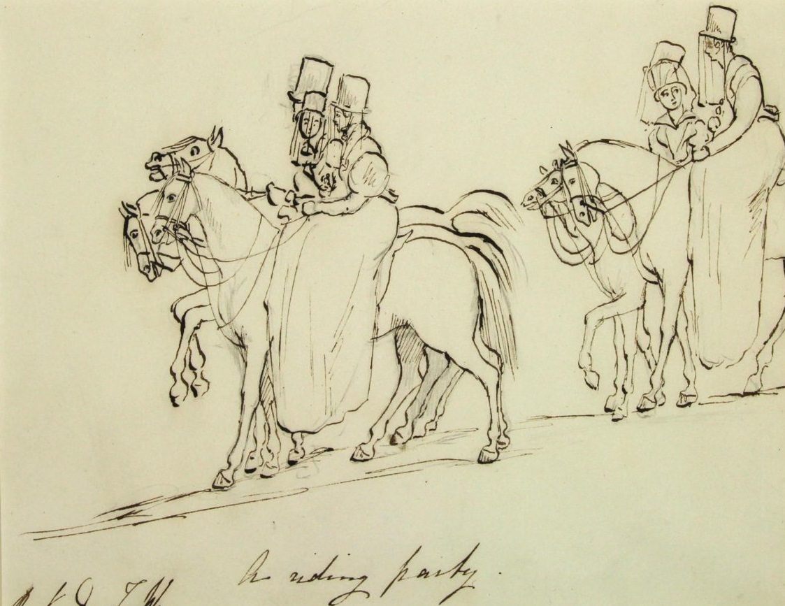 #12 Saturday 13th September 1834 A riding party- pen and ink sketch by Princess Victoria